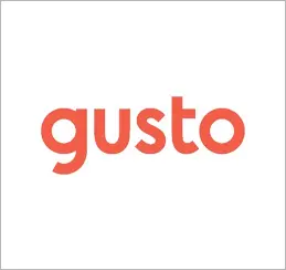 A red and white logo for gusto.